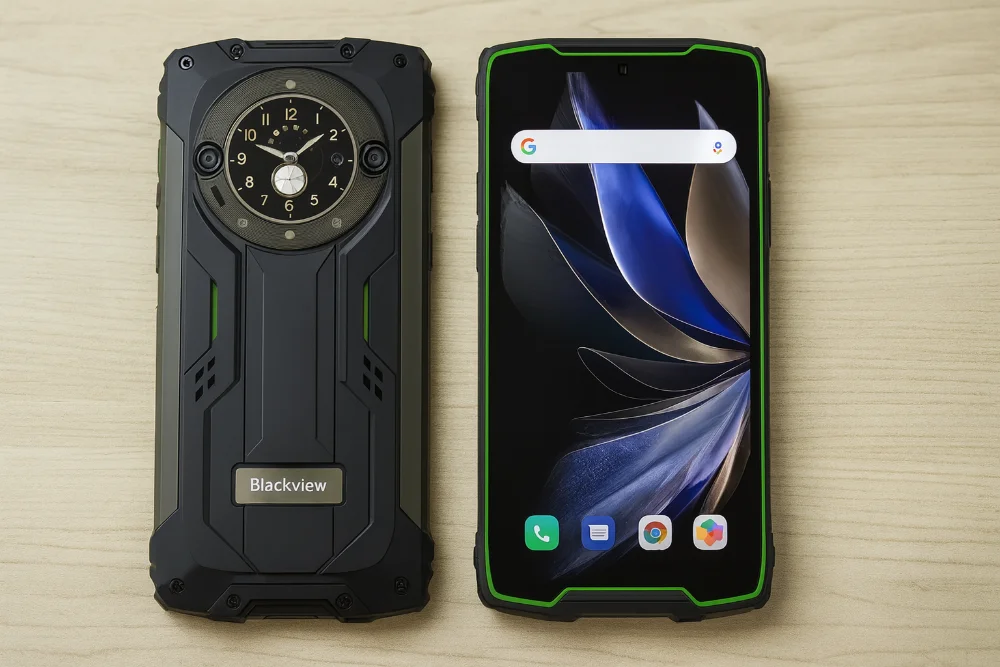 Blackview — защищенный смартфон крупным планом Два защищенных смартфона Blackview на светлом фоне, один показывает передний дисплей, другой — заднюю панель с круговым модулем камеры
