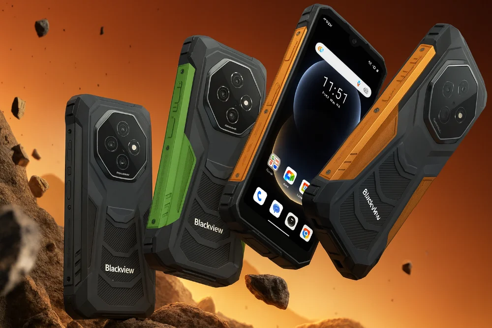 Защищенные смартфоны Blackview Fort 1 в брутальном дизайне Blackview Fort 1 на ярком оранжевом фоне с камнями, детальный горизонтальный снимок без надписей, показывающий корпус, камеры и экран устройства
