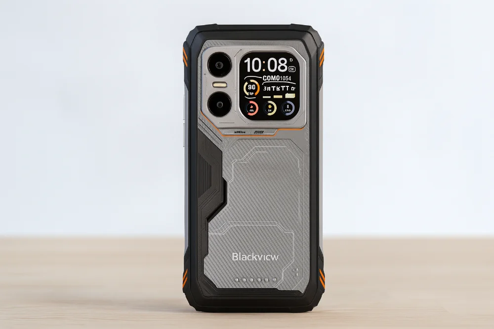 Защищенный смартфон Blackview Xplore 1 на светлом фоне, крупным планом с акцентом на заднюю панель, двойную камеру и вспомогательный экран с виджетами