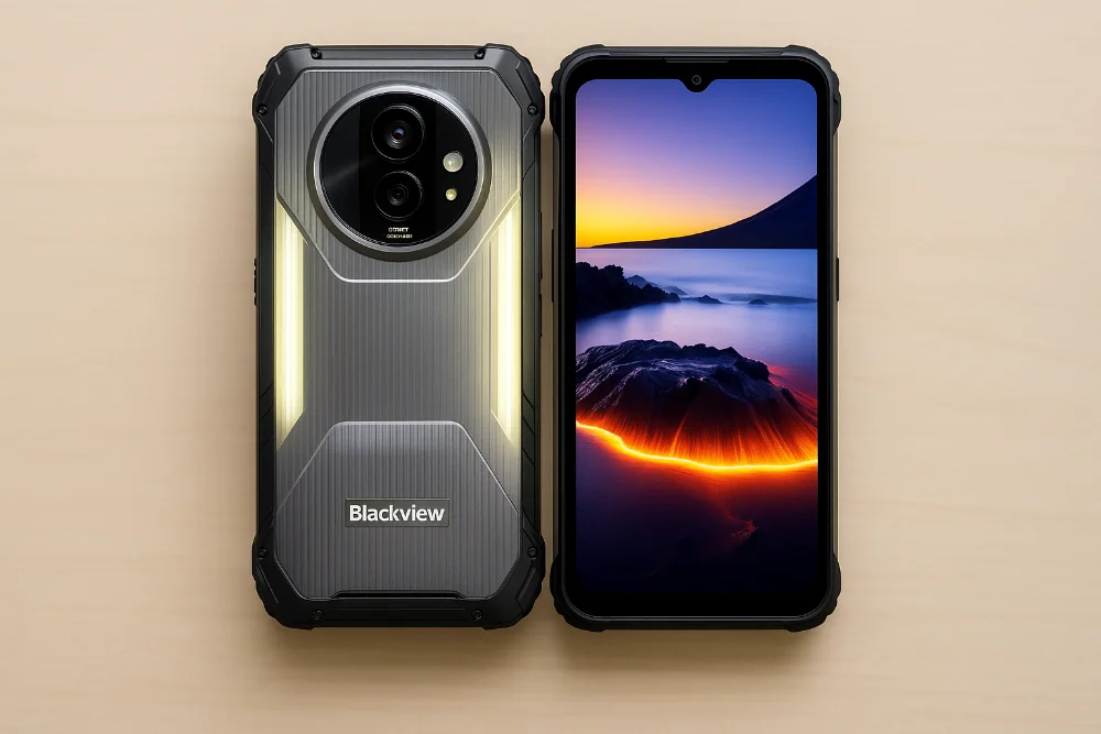 Защищенный смартфон Blackview Xplore 2, снятый спереди и сзади на светлой поверхности, с крупным модулем камеры и ярким экраном с пейзажем