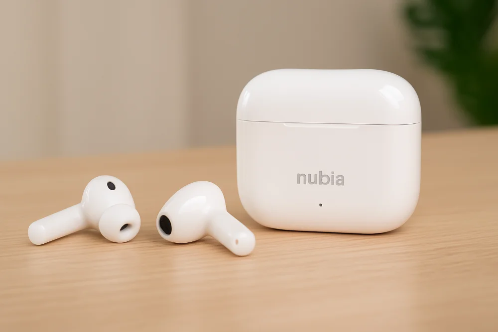 Беспроводные наушники Nubia в белом цвете на светлом фоне Белые беспроводные наушники Nubia с зарядным кейсом, расположенные на деревянной поверхности