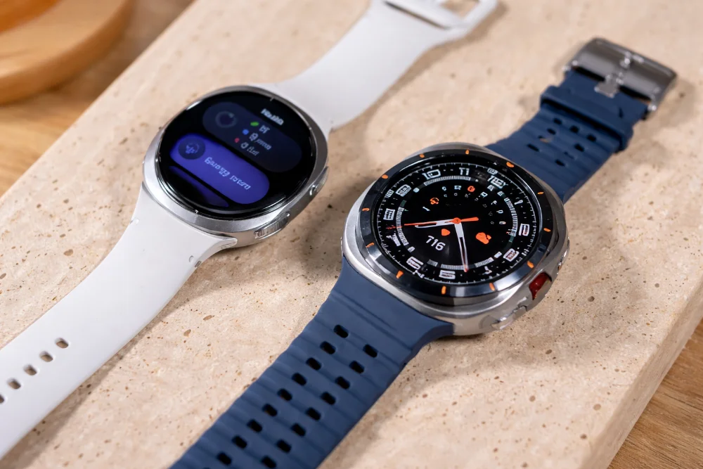 Смарт-часы Samsung Galaxy Watch 9 с круглым AMOLED-экраном и спортивным ремешком на светлом фоне, вид спереди и под углом