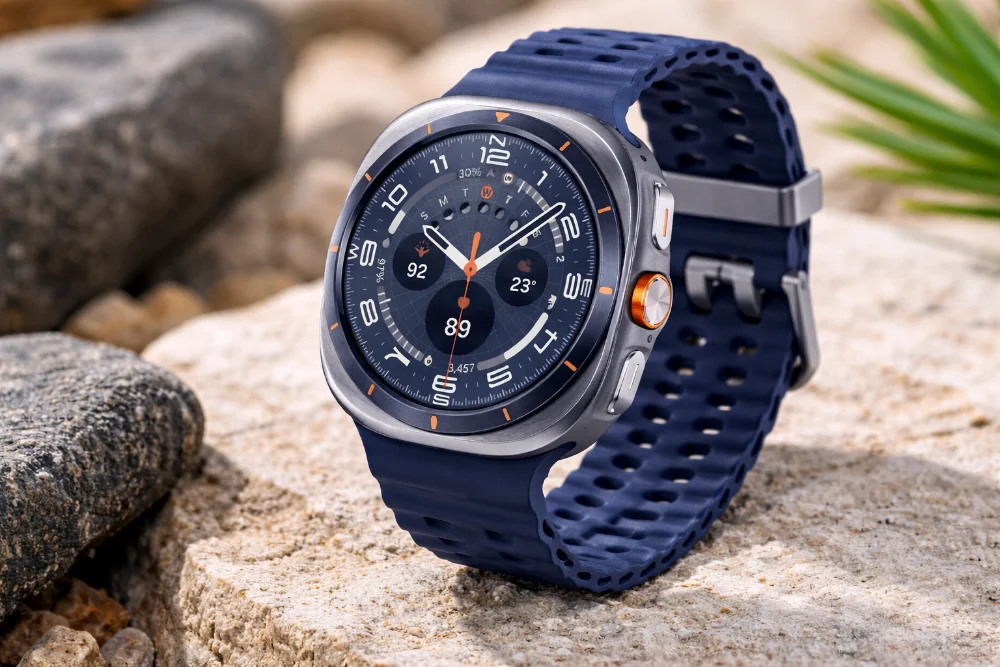 Samsung Galaxy Watch Ultra 2 — премиальный дизайн и защищенный корпус Смарт-часы Samsung Galaxy Watch Ultra 2 с титановым корпусом, круглым AMOLED-дисплеем и синим спортивным ремешком