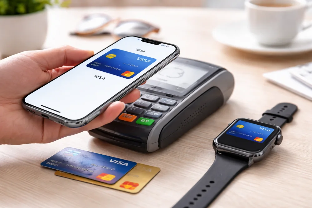 Оплата смартфоном через NFC — мобильные платежи и цифровой кошелек Смартфон с NFC используется для бесконтактной оплаты на платежном терминале, рядом лежат банковские карты и смарт-часы
