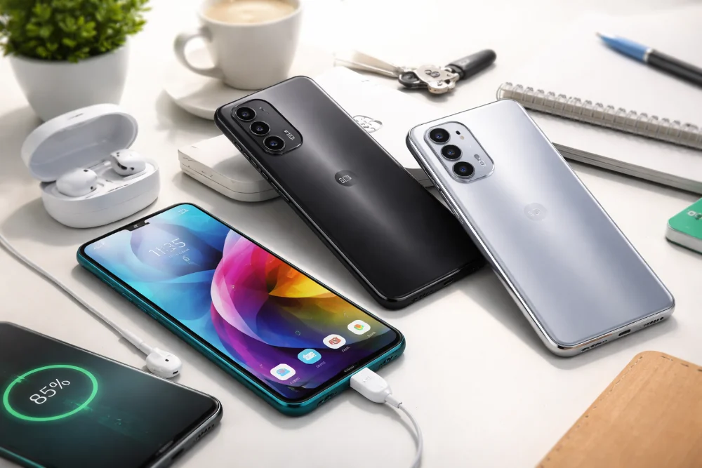 Moto G Power — смартфоны Motorola с большой батареей и чистым Android Смартфоны серии Moto G Power с большим дисплеем на светлом фоне, концепция смартфонов Motorola для повседневного использования