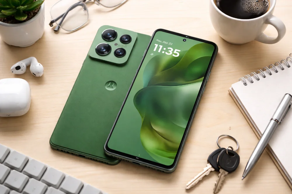 Motorola Moto G Power (2025) — дизайн смартфона с большим экраном и емкой батареей Смартфон Motorola Moto G Power (2025) зеленого цвета с большим дисплеем и блоком камер на светлом рабочем столе