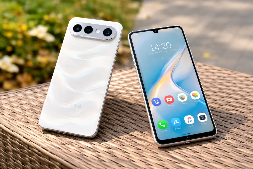 Vivo S50 — дизайн и внешний вид смартфона при дневном освещении Смартфон Vivo S50 на улице при естественном освещении — задняя панель с тройной камерой и экран с AMOLED-дисплеем