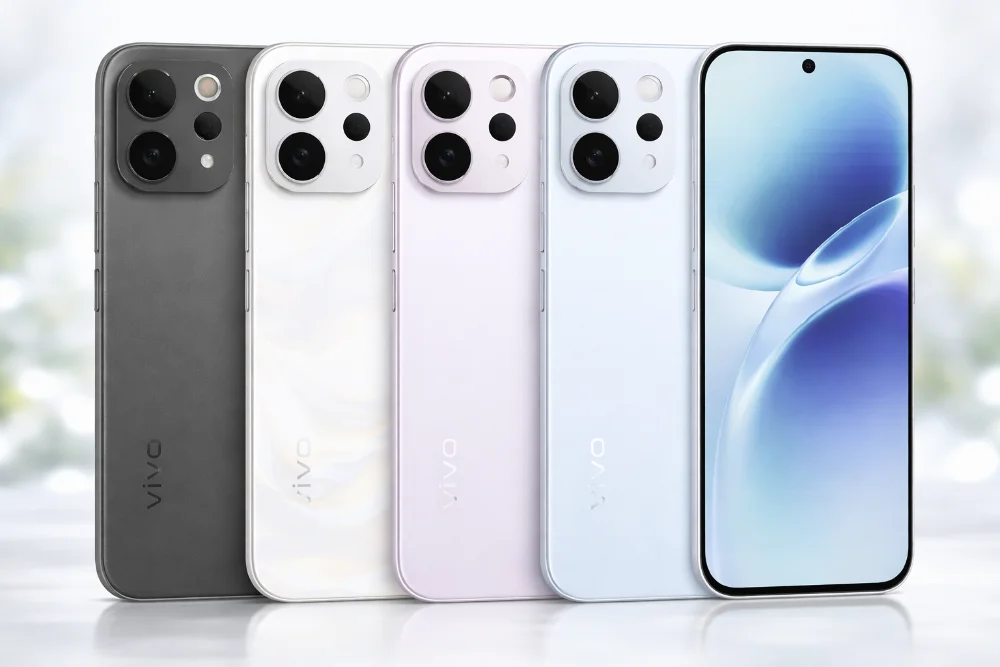 Смартфоны Vivo S50 в разных цветах корпуса — графитовый, белый, розовый и голубой, вид спереди и сзади с AMOLED-экраном и блоком камер