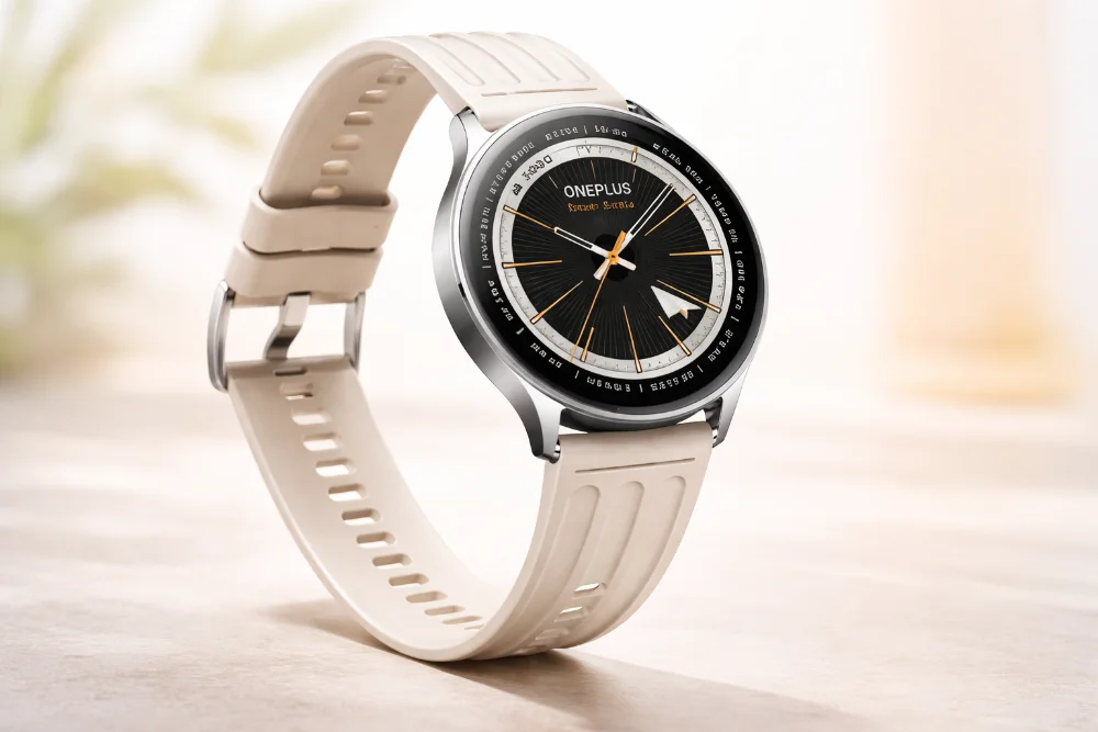 Смарт-часы OnePlus Watch Lite с AMOLED-экраном и классическим дизайном Смарт-часы OnePlus Watch Lite с круглым AMOLED-дисплеем и светлым силиконовым ремешком — детальный вид корпуса и циферблата