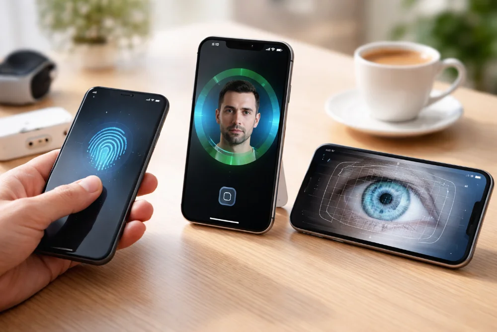 Биометрия в смартфонах — сканер отпечатка пальца, Face ID и распознавание глаза Смартфоны с разными способами биометрической защиты: сканер отпечатка пальца, распознавание лица и сканирование радужки глаза