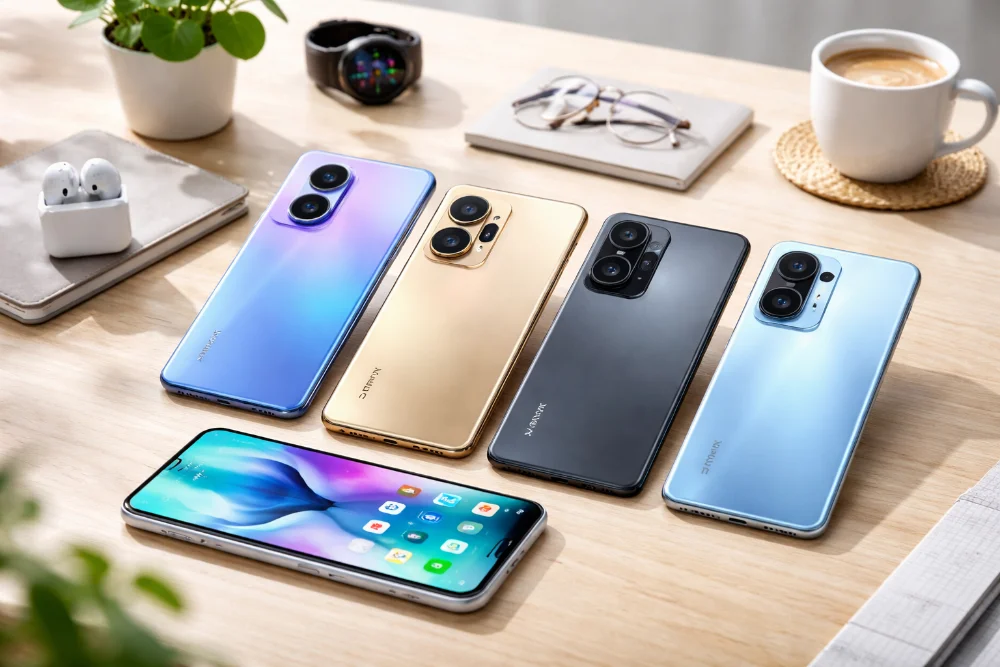 Современные смартфоны Infinix разных цветов с крупными камерами и большим экраном, разложенные на светлом столе
