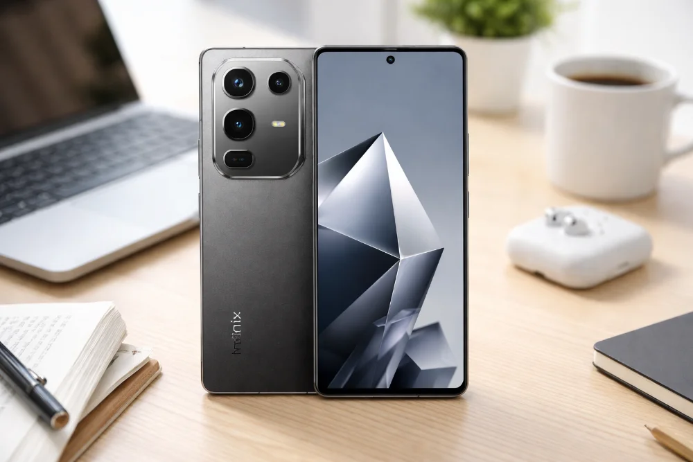 Infinix Note 50 — дизайн смартфона в повседневной обстановке Смартфон Infinix Note 50 с большим экраном и блоком камер на светлом рабочем столе рядом с ноутбуком, наушниками и чашкой кофе