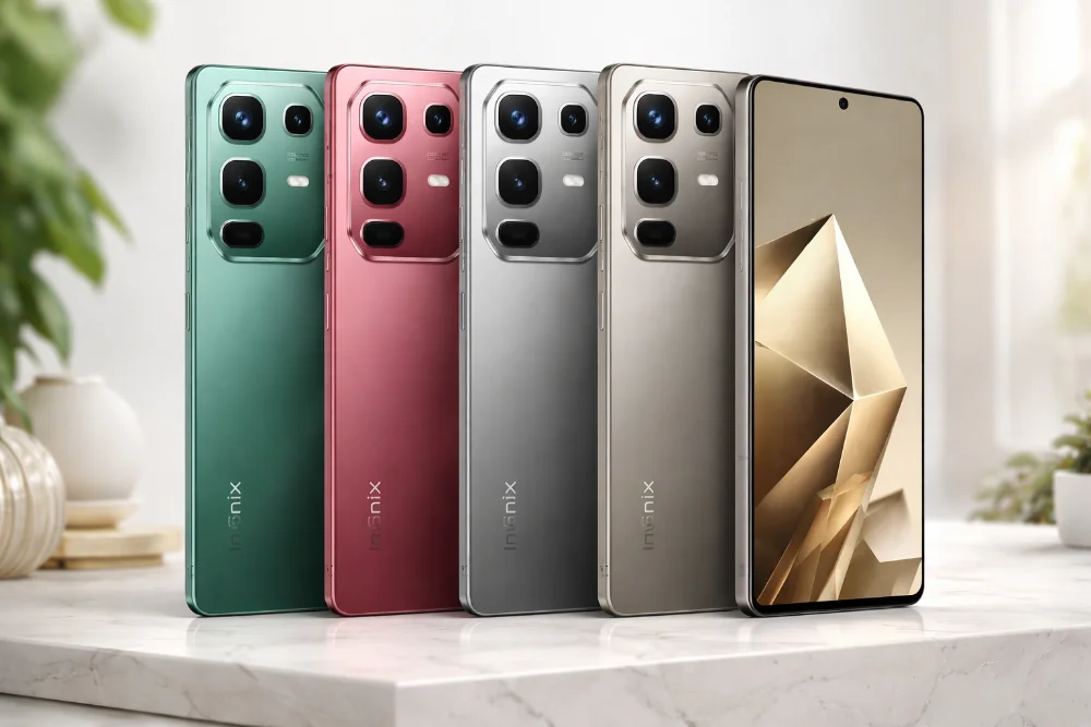 Infinix Note 50 Pro — дизайн смартфона и цветовые варианты модели Смартфоны Infinix Note 50 Pro в нескольких цветах корпуса с большим AMOLED-экраном и модулем камер, светлое студийное освещение