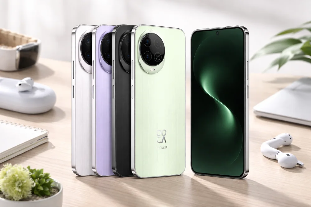 Смартфоны Huawei Nova 15, Nova 15 Pro и Nova 15 Ultra в разных цветах с круговым модулем камеры на светлом фоне, вид спереди и сзади