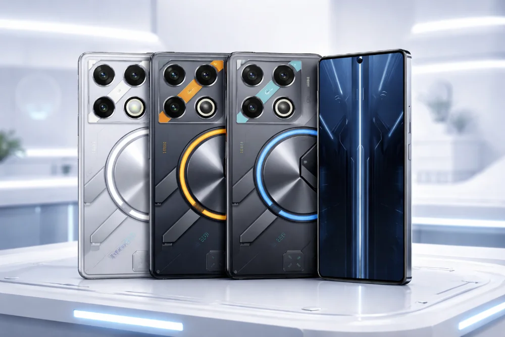 Infinix GT 30 Pro — модели с геймерским дизайном в разных цветах Смартфоны Infinix GT 30 Pro в нескольких цветах на светлом фоне, вид спереди и сзади, игровой корпус с круговыми элементами и большой AMOLED-дисплей