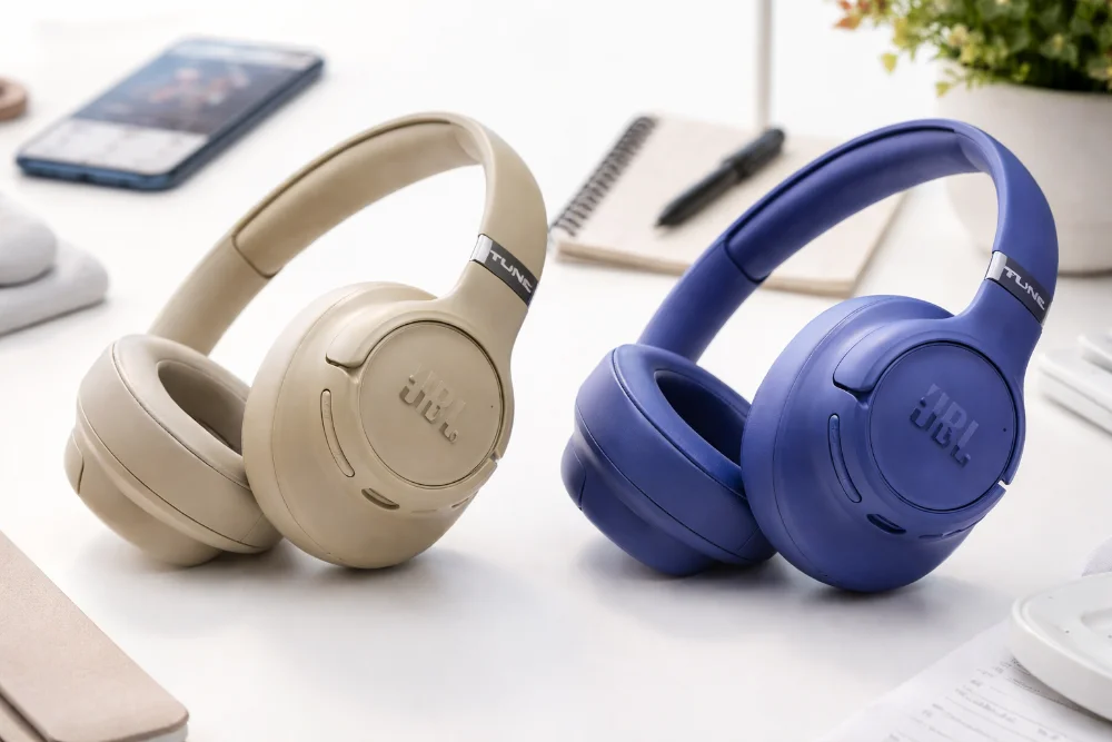 Беспроводные наушники JBL Tune 780NC бежевого и синего цвета на светлом фоне, повнорозмерная конструкция с ANC, современный дизайн