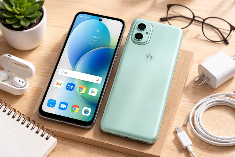Смартфон Motorola Moto G06 Power на светлом деревянном столе, вид спереди и сзади, зелёный корпус, двойная камера, большой экран, рядом наушники, зарядное устройство и блокнот