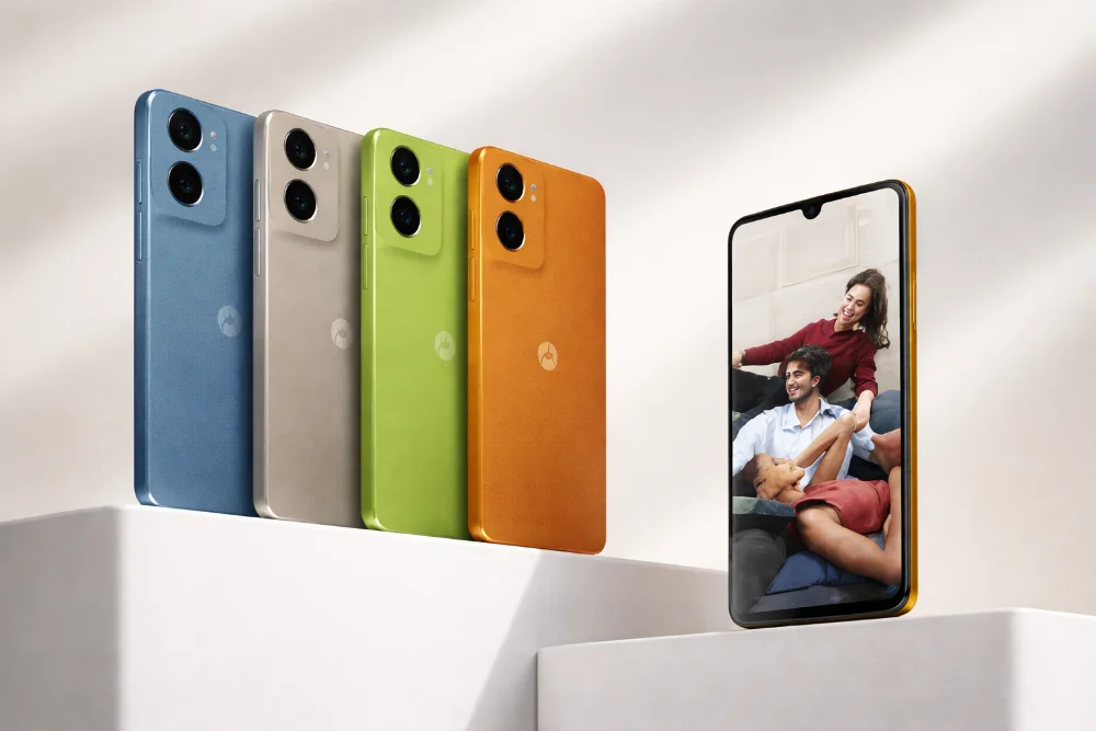 Смартфоны Motorola G86 Power в нескольких цветах корпуса на светлом фоне, вид сзади и спереди, двойная камера, большой экран с изображением людей, яркое студийное освещение