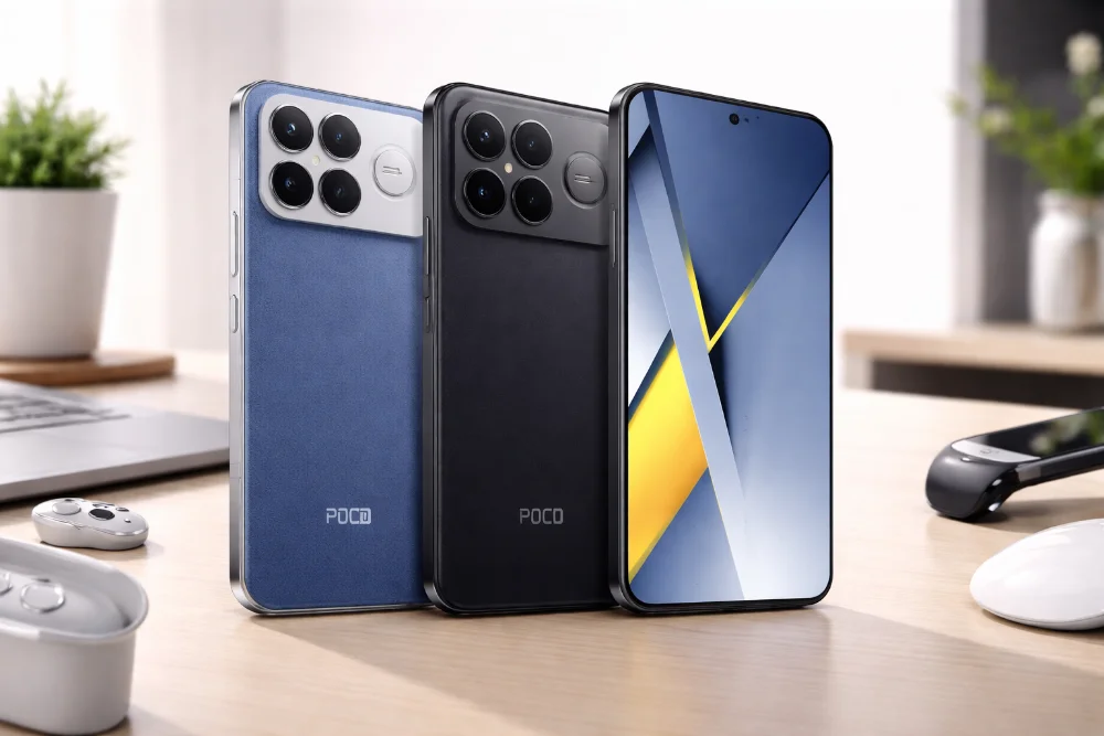 Poco F8 Ultra — флагманский смартфон Poco с большим экраном и блоком камер, вид спереди и сзади, черная и синяя версии корпуса