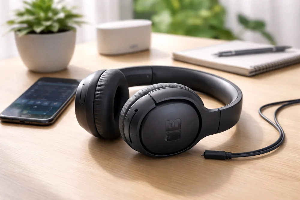 JBL Tune 730BT — беспроводные накладные наушники с ANC и Bluetooth для повседневного использования Беспроводные накладные наушники JBL Tune 730BT с активным шумоподавлением, зарядкой USB-C и подключением по Bluetooth, на светлом рабочем столе рядом со смартфоном и аксессуарами