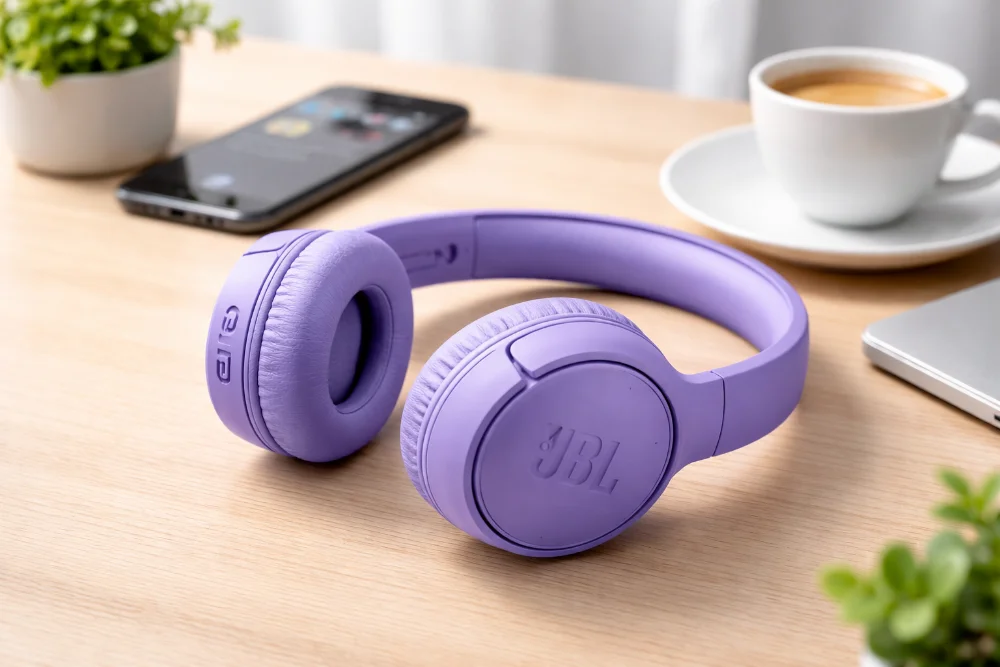 JBL Tune 530BT — беспроводные накладные Bluetooth-наушники с мощным басом и длительной автономностью Беспроводные накладные наушники JBL Tune 530BT фиолетового цвета с мягкими амбушюрами и логотипом JBL, на светлом рабочем столе рядом со смартфоном