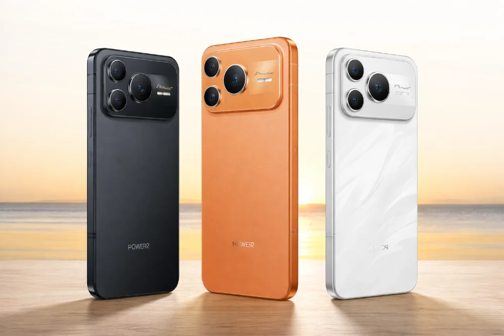 Смартфоны Honor Power 2 в черном, оранжевом и белом цветах корпуса с крупным блоком камер на задней панели, современный дизайн