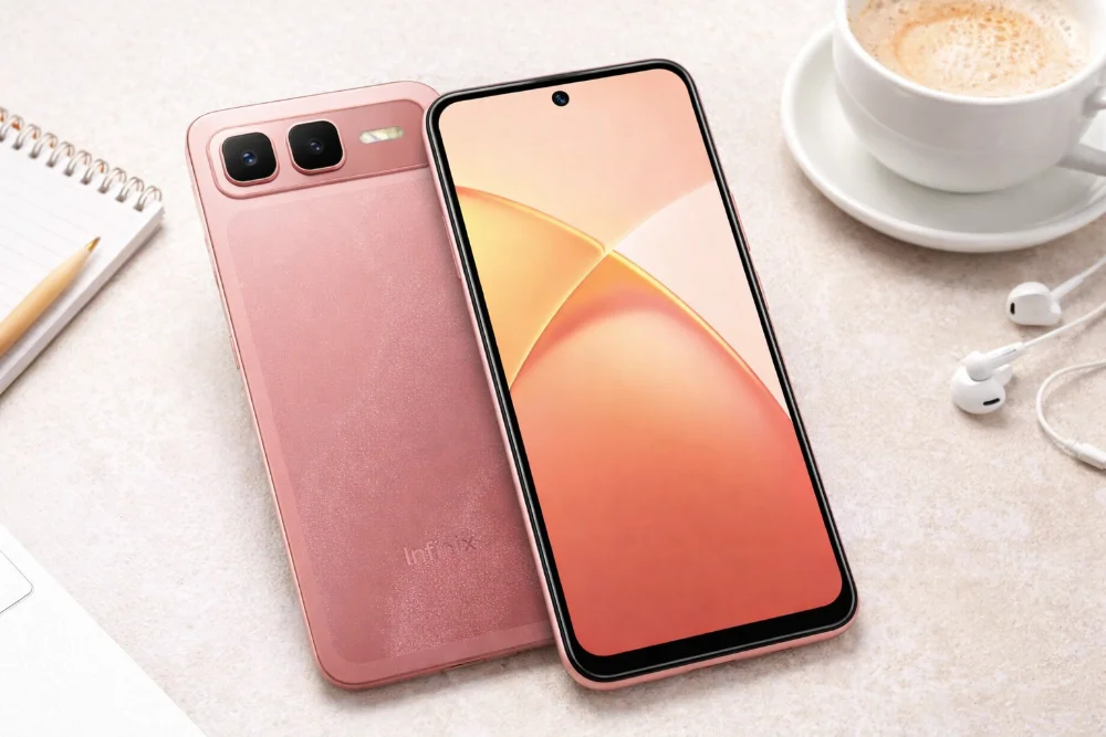 Смартфон Infinix Smart 10 Plus в розовом цвете — передняя панель с большим экраном и задняя крышка с двойной камерой