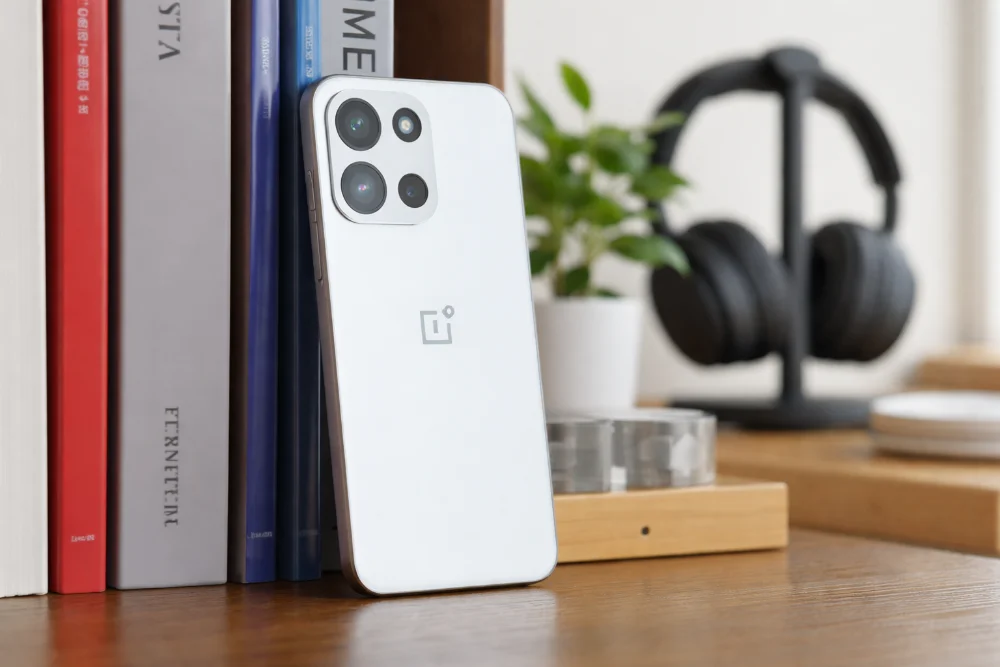 OnePlus Turbo 6 — современный дизайн и модуль камер в реальной обстановке Смартфон OnePlus Turbo 6 на рабочем столе — белый корпус, квадратный блок камер с тремя объективами, аккуратный дизайн и качественная сборка