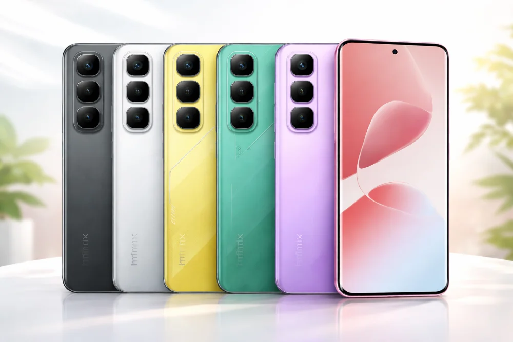 Линейка смартфонов Infinix HOT 60 — дизайн и цветовые варианты моделей Смартфоны Infinix HOT 60 разных моделей и цветов на светлом фоне, внешний вид, тонкий корпус и блоки камер