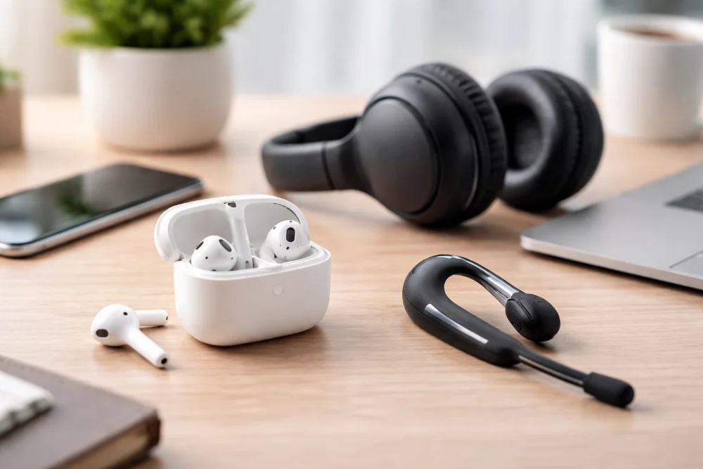 Беспроводные наушники TWS, накладные Bluetooth-наушники и беспроводная гарнитура на светлом столе рядом со смартфоном и ноутбуком, наглядное сравнение устройств для музыки, работы и голосовой связи