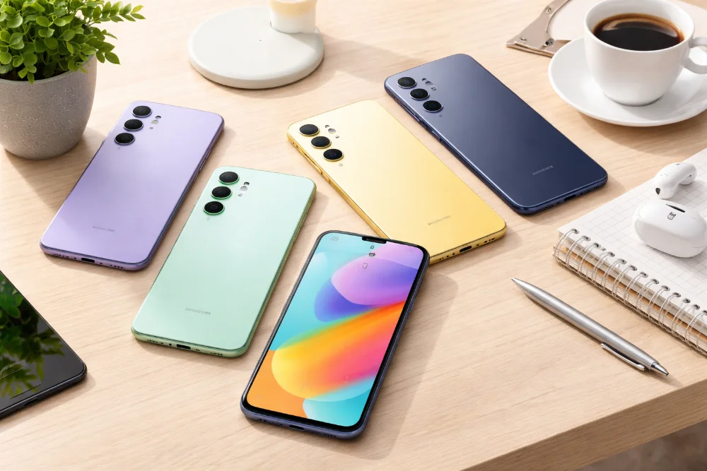 Смартфоны Samsung Galaxy A разных цветов на светлом столе, модели серии Galaxy A 2026 года, дизайн корпусов, камеры и экран, современные смартфоны среднего класса Samsung