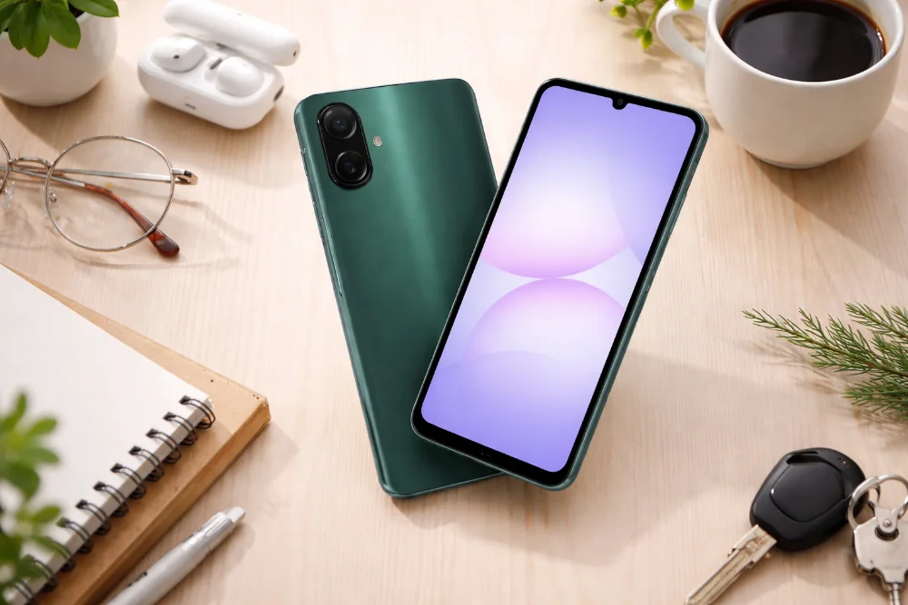 Смартфон Samsung Galaxy A07 5G на светлом рабочем столе, вид спереди и сзади, большой экран 6,7 дюйма, матовый корпус, камеры и аксессуары для повседневного использования