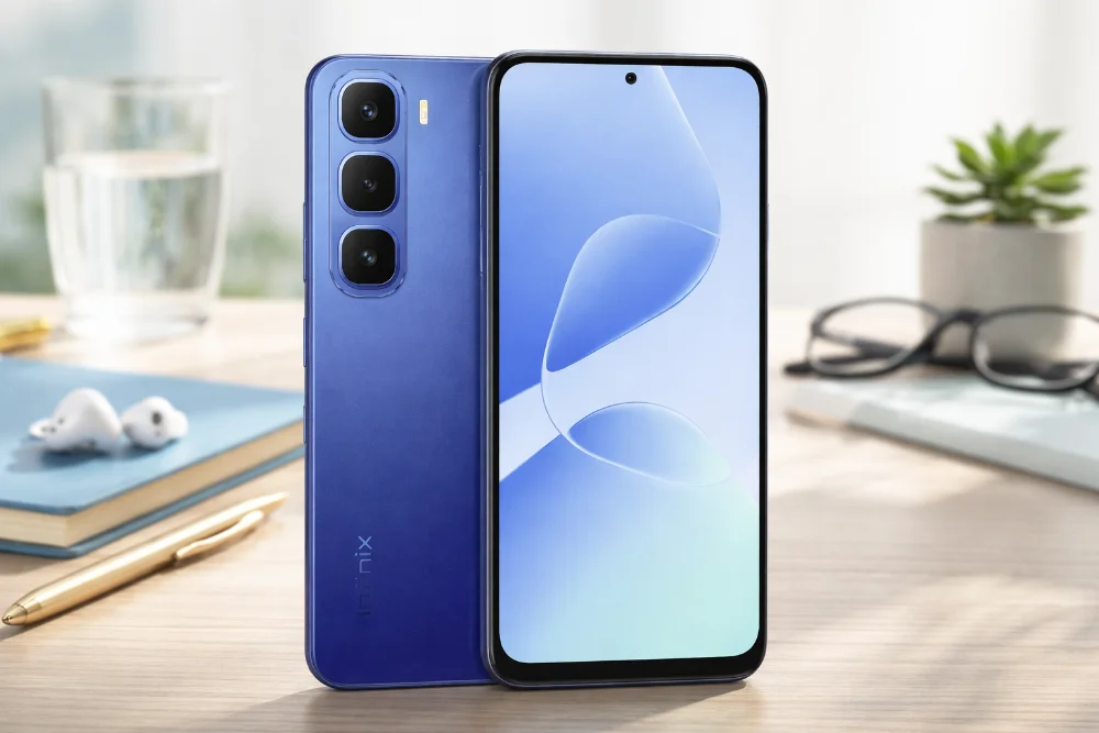 Infinix HOT 60i — дизайн бюджетного смартфона в синем цвете Смартфон Infinix HOT 60i на светлом рабочем столе: вид спереди и сзади, большой экран, синий корпус и блок камер