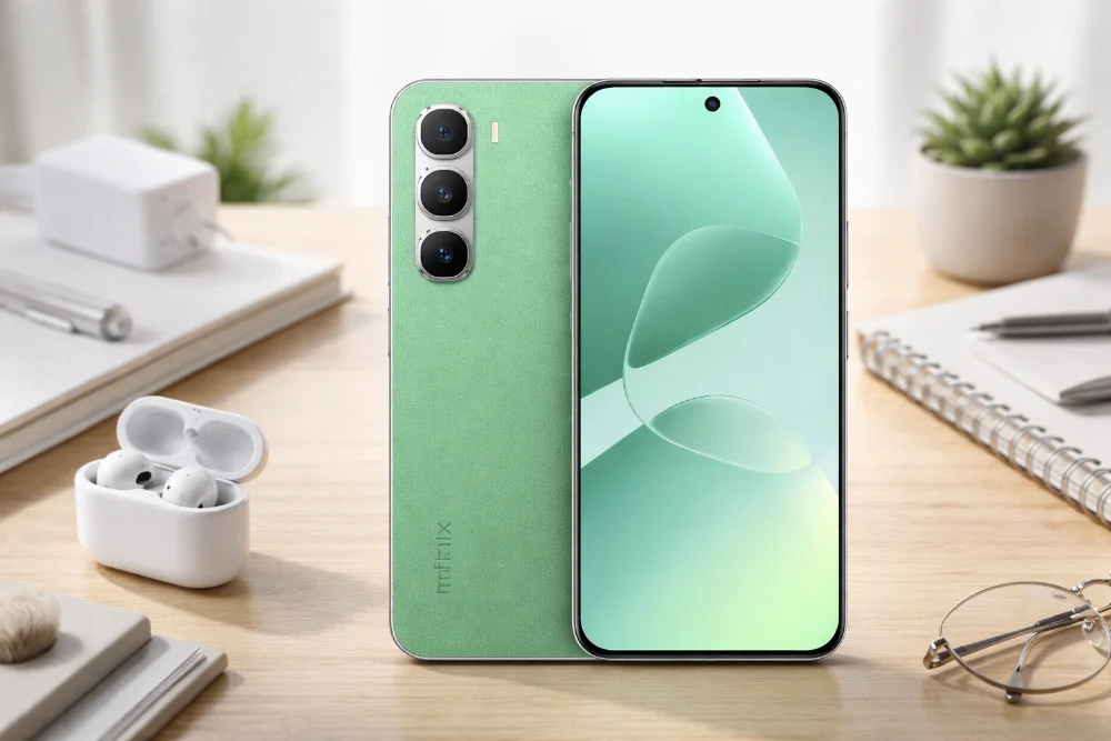 Infinix HOT 60 Pro — внешний вид смартфона в деталях Смартфон Infinix HOT 60 Pro на светлом столе, вид спереди и сзади, большой экран с центральным отверстием под фронтальную камеру, зеленый корпус с текстурированной задней панелью, тройная основная камера