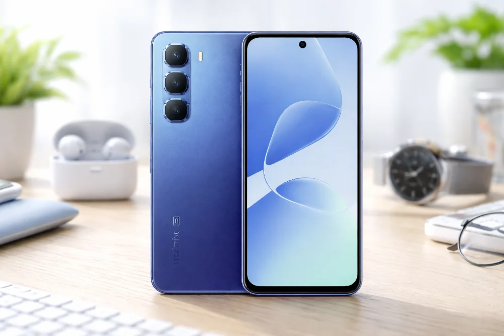 Infinix HOT 60 5G — дизайн смартфона для повседневного использования Infinix HOT 60 5G на рабочем столе в синем цвете, смартфон показан с фронтальной и тыльной стороны, акцент на тонкий корпус, аккуратный блок камер и большой экран с центральным вырезом