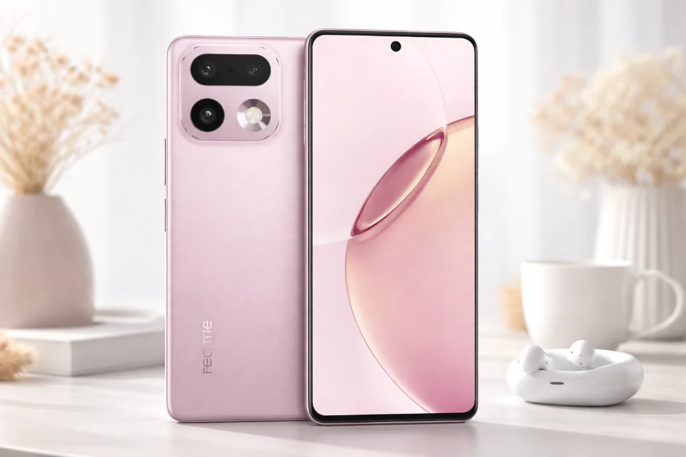 Смартфон Realme 16 Pro Plus в розовом цвете с тонкими рамками, центральным отверстием фронтальной камеры и обновленным блоком основных камер, демонстрация дизайна передней и задней панели