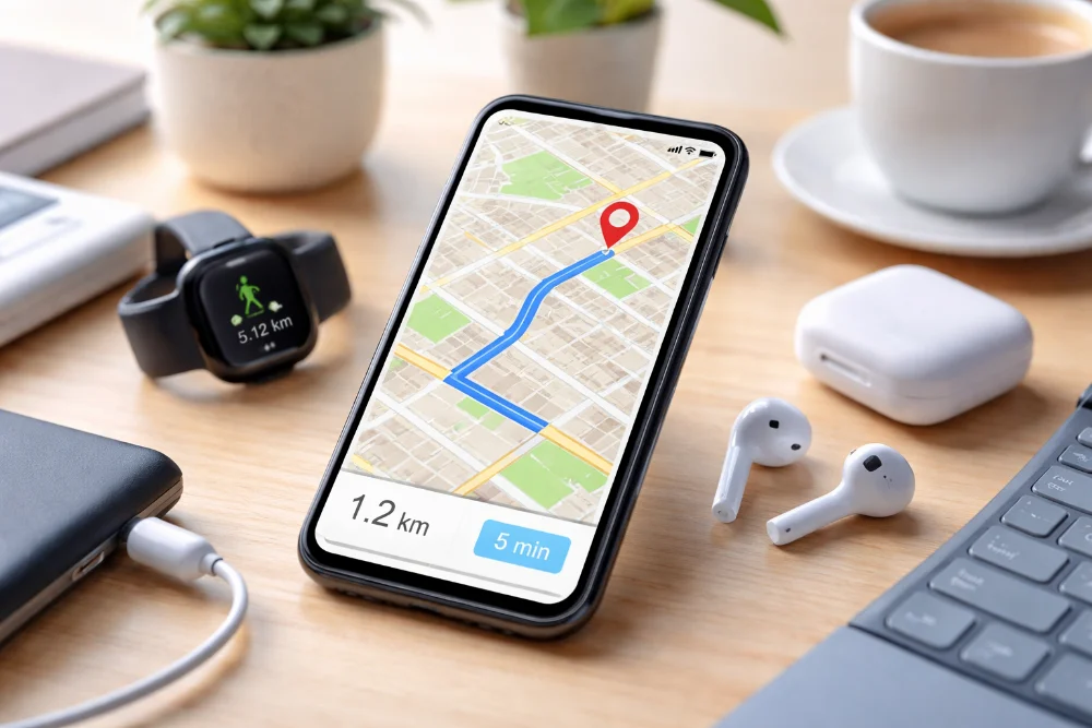 Смартфон с GPS-навигацией на карте города — геолокация и маршруты в реальном времени Современный смартфон с включенной GPS-навигацией на экране, построение маршрута по городской карте, работа геолокации и навигационных сервисов