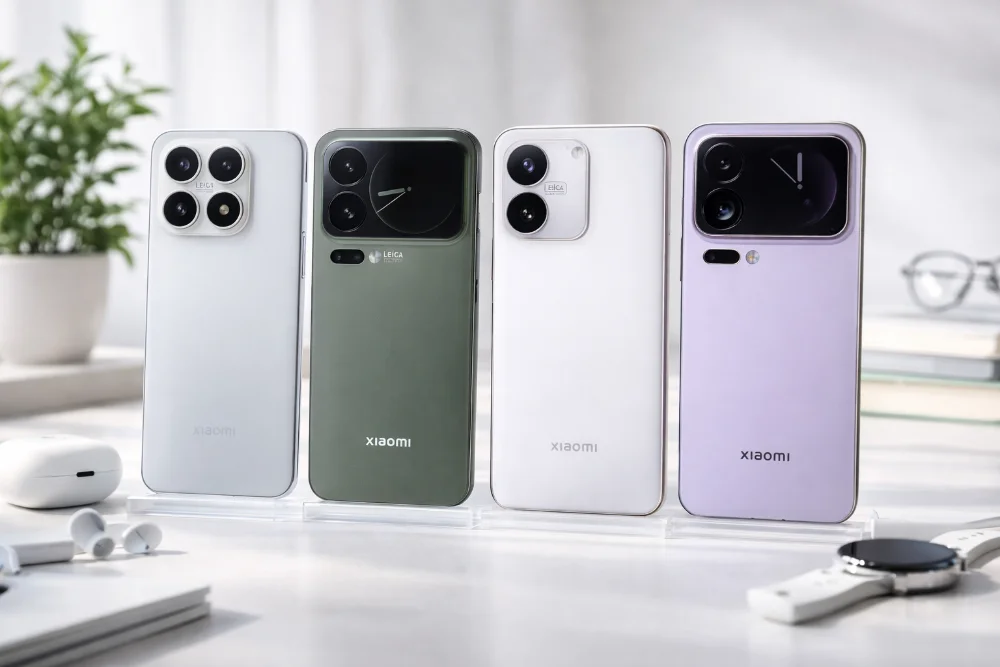 Смартфоны Xiaomi 17, Xiaomi 17 Pro, Xiaomi 17 Pro Max и Xiaomi 17 Max на подставке, флагманская линейка Xiaomi, дизайн и камеры моделей