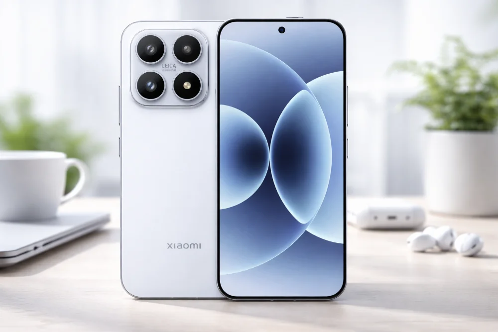 Флагманский смартфон Xiaomi 17 на столе, вид спереди и сзади, AMOLED-дисплей с тонкими рамками и блок камер Leica, светлое интерьерное освещение