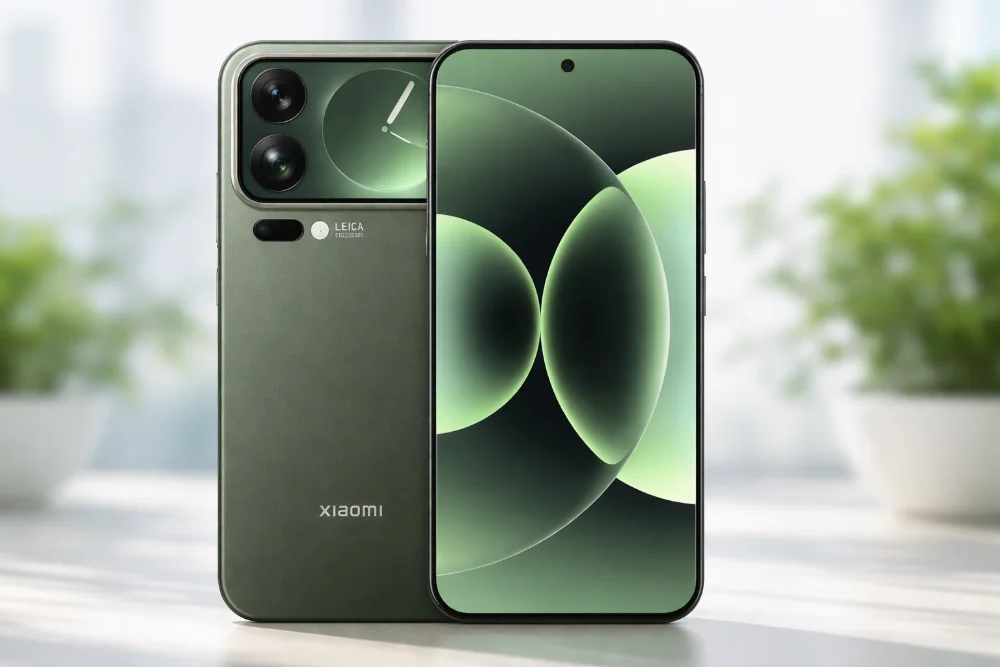 Флагман Xiaomi 17 Pro Max в зеленом цвете, вид спереди и сзади, крупный AMOLED-дисплей с тонкими рамками и модуль камер Leica