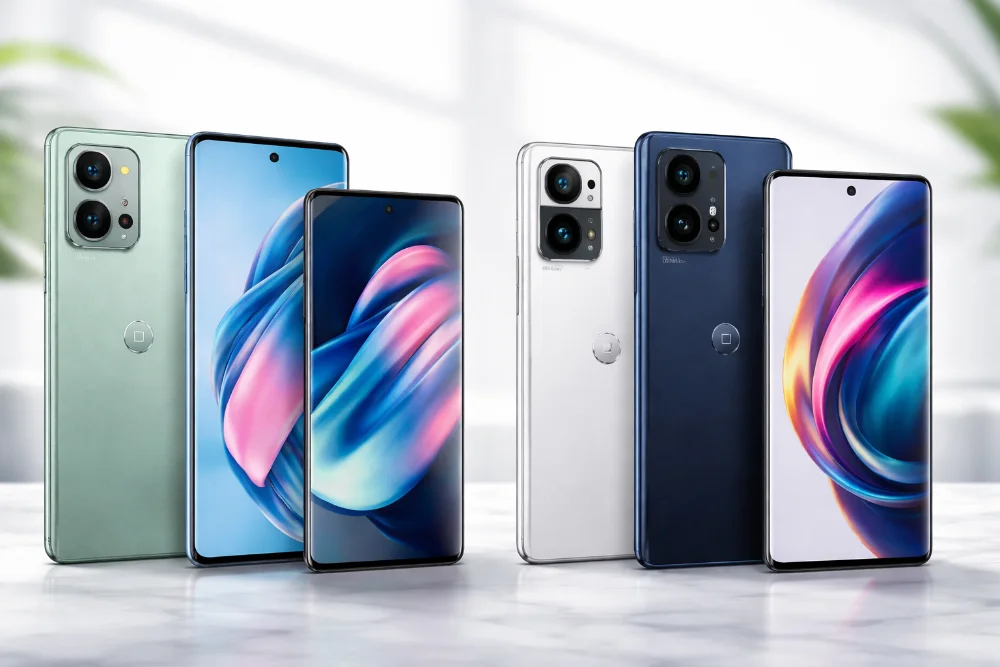 Два смартфона Motorola Edge на светлом фоне, модели в разных цветах с pOLED-экранами и обновленным модулем камер, показанные крупным планом