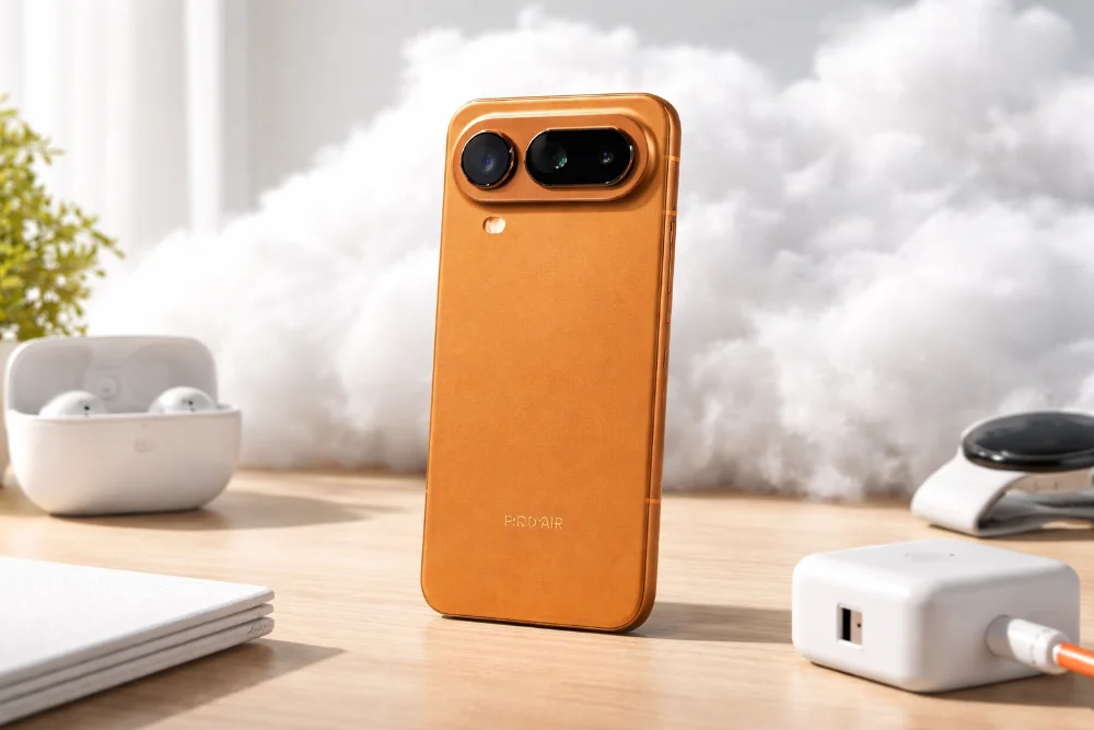 Honor Magic 8 Pro Air в медном цвете на столе — крупный план камеры и тонкого корпуса Смартфон Honor Magic 8 Pro Air медного цвета стоит на светлом столе, крупный план блока камер, рядом зарядное устройство и беспроводные наушники