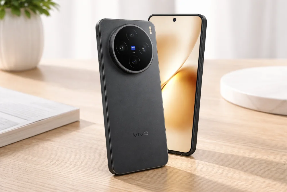 Vivo X200T с камерами ZEISS и AMOLED-экраном — дизайн и ключевые особенности Смартфон Vivo X200T в черном корпусе с круглым модулем камер ZEISS и AMOLED-дисплеем, вид спереди и сзади на светлом фоне, демонстрация дизайна и возможностей модели