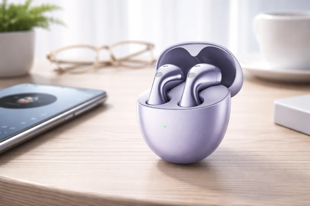 Беспроводные наушники Huawei FreeBuds 6 в зарядном кейсе светло-фиолетового цвета на столе рядом со смартфоном, современный TWS-дизайн