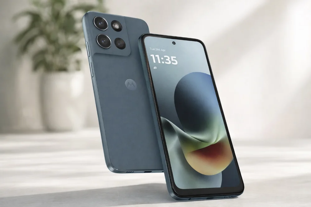 Смартфон Motorola Moto G Play (2026) — дизайн, экран и камеры нового поколения Смартфон Motorola Moto G Play (2026) синего цвета с большим экраном и модулем камер, вид спереди и сзади, бюджетная модель для повседневного использования