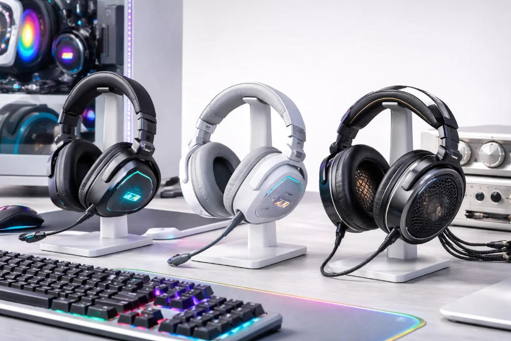 Игровые наушники ASUS на рабочем столе с геймерским ПК, клавиатурой и RGB-подсветкой, современный дизайн и премиальные материалы