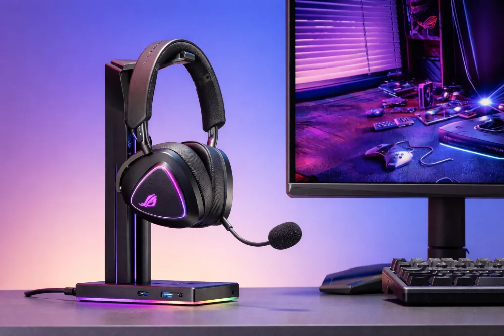 ASUS ROG Delta II на подставке рядом с монитором и клавиатурой, современный дизайн ROG, микрофон и RGB-подсветка в домашнем игровом сетапе