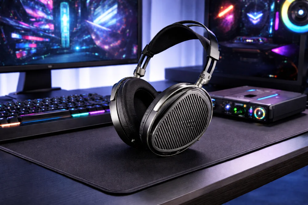 ASUS ROG Kithara Ultimate — премиальные игровые наушники с планарными драйверами Наушники ASUS ROG Kithara Ultimate с открытой конструкцией и планарными излучателями на игровом столе с RGB-подсветкой и стационарным сетапом