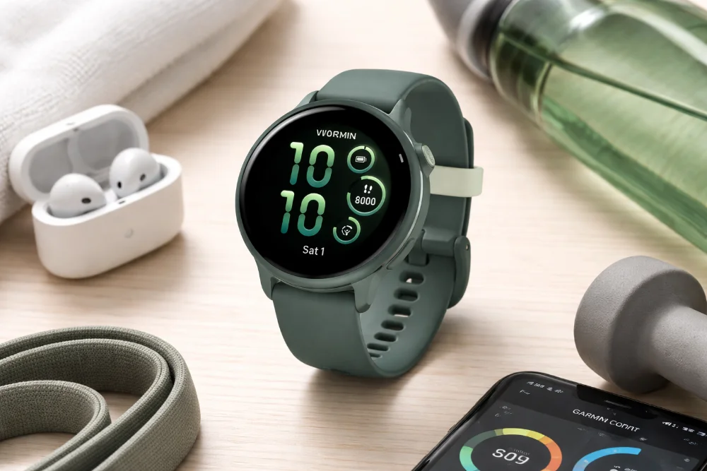 Смарт-часы Garmin Vivoactive 6 с AMOLED-экраном и GPS для спорта и повседневной активности Смарт-часы Garmin Vivoactive 6 зеленого цвета с круглым AMOLED-дисплеем и силиконовым ремешком, модель с GPS, функциями здоровья и фитнеса