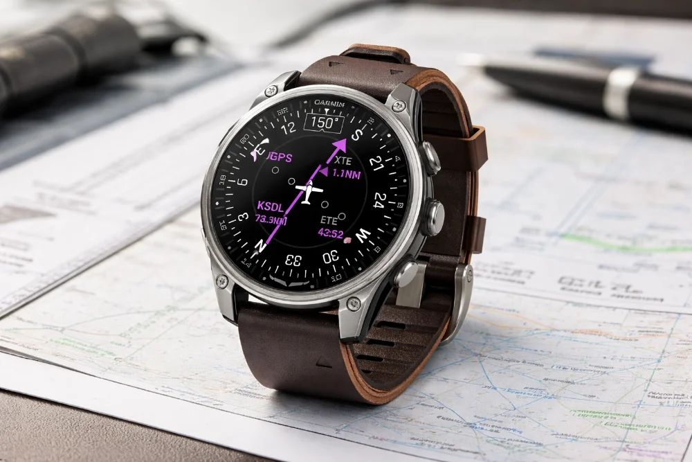 Авиационные смарт-часы Garmin D2 Mach 2 с AMOLED-дисплеем и GPS-навигацией Авиционные смарт-часы Garmin D2 Mach 2 с круглым AMOLED-экраном, титановым корпусом и кожаным ремешком, модель с GPS, навигацией и функциями для пилотов
